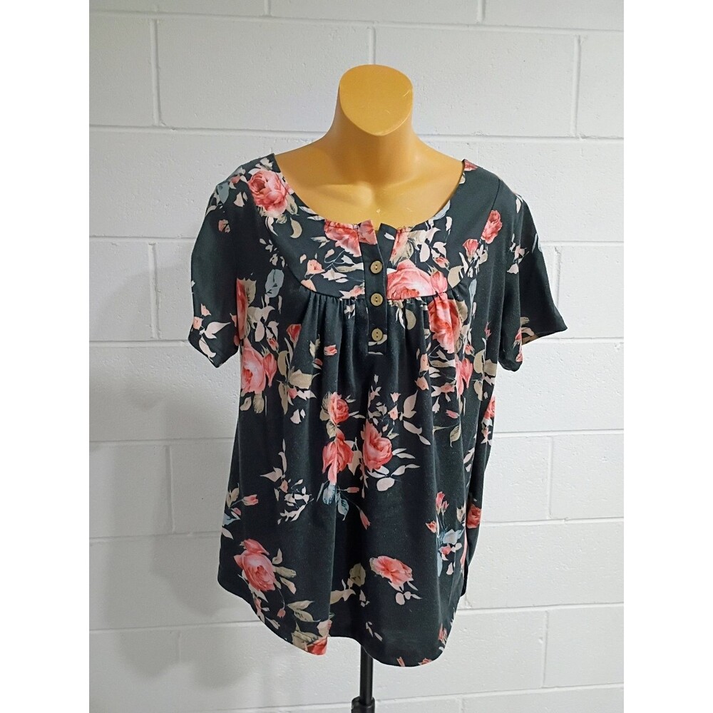 Women's Floral Henley Tunic Top Size L Black Pink Short Sleeve Casual Blouse